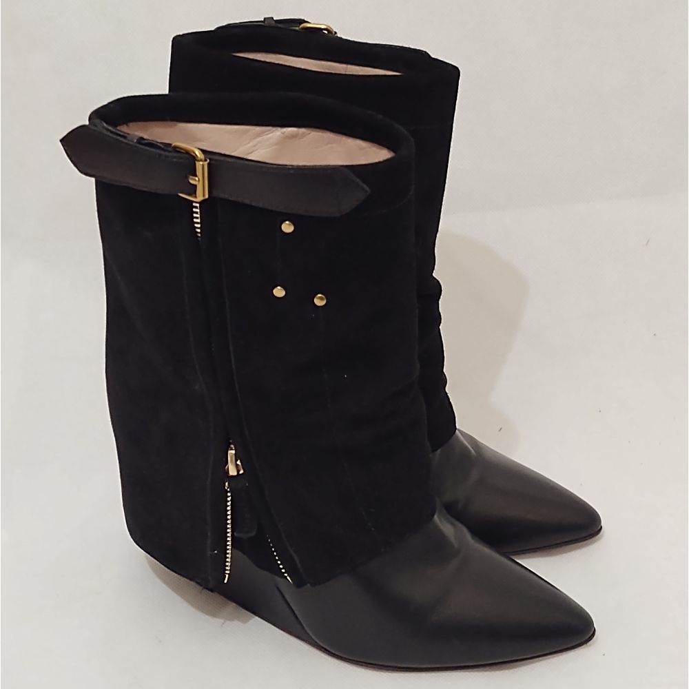 Sexy! French Jerome Dreyfuss Black Suede Leather Wedge Heel Pointy Toe Boots